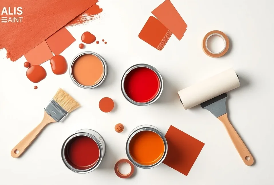 Pots de peinture, nuancier, brosses et rouleaux disposés à plat