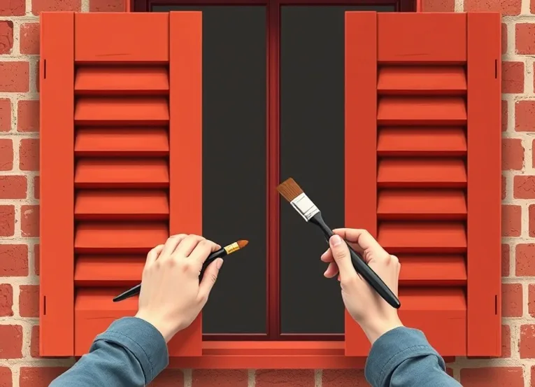 Mise en peinture au pinceau de volets et d'encadrements en bois