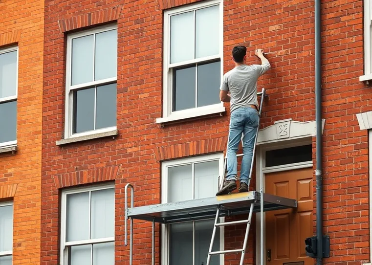 Peintre sur échafaudage traitant la façade d'une maison